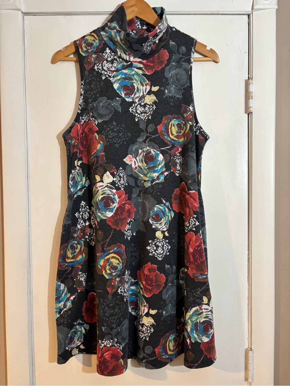 First Love mock neck dark floral mini dress